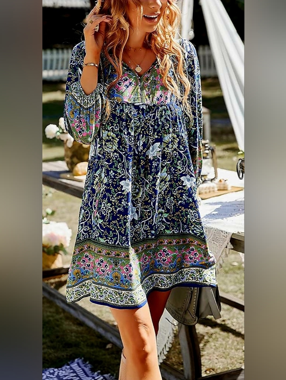 Temofon Navy, Pink & White Floral Bohemian Dress, Size Large